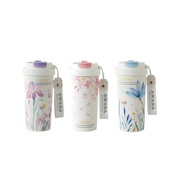 【晨光】AWANA 真陶瓷內膽花語提繩杯 水彩款 粉/藍/紫色(123507) 油畫款 紫/黑/粉色(123507)【現貨】