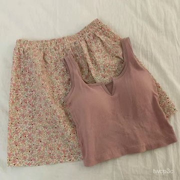 熱賣爆款弔帶睡衣女夏季薄款帶胸墊兩件套純慾碎花無袖背心短褲傢居服外穿 1QK7