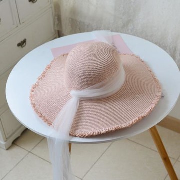 法式復古綁帶蝴蝶結草帽流蘇文藝寫真大檐遮陽沙灘海邊粉色女帽子