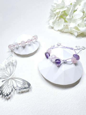 紫水晶 Amethyst + 粉晶 Rose Quartz 繩結手鏈
