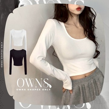 🥀旺斯女孩🥀辣妹U領打底長T 短版上衣 長袖 黑色白色 大U領 秋冬內搭
