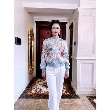 歐洲站2024新款奢華立領長袖重工釘珠浮雕花朵印花夾克外套棒球服