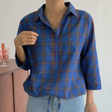 正韓女上衣 格紋抽繩七分袖襯衫OPG1011-創翊韓都