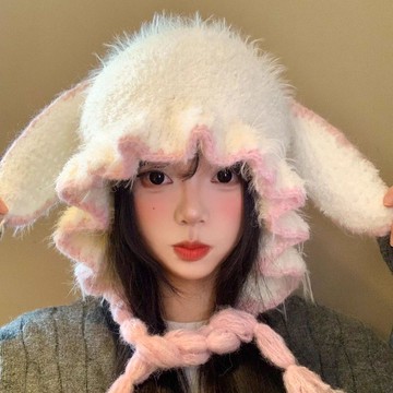 可愛兔耳朵毛絨針織護耳帽女秋冬季顯臉小保暖包頭帽防寒套頭帽子