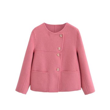 玫紅色上衣高級感小個子雙面羊絨大衣女秋冬小香風毛呢外套短款厚