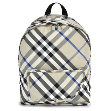 BURBERRY 巴寶莉  Shield  經典格紋尼龍雙肩後背包 -米白/藍