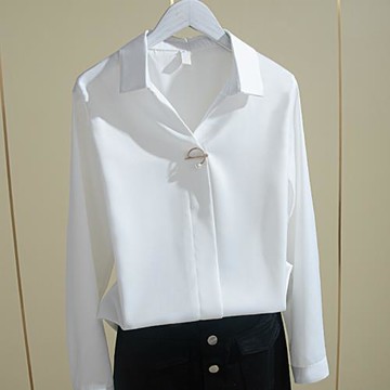 白色襯衫女2025秋季新款韓版緞面雪紡OL職業襯衣大碼V領長袖上衣