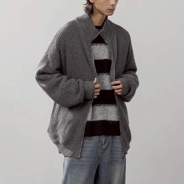 QUEENSHOP_F 男裝 花紗坑條針織外套(灰) 現+預 【02011197】