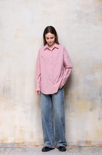 減齡知性藕粉色愛無懼袖口刺繡寬松環保材質落肩袖襯衫