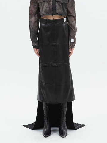 Back pleats Leather Denim Skirt_RQKAA24534BKX