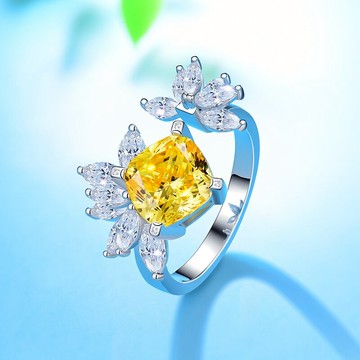 枕形鑲嵌仿黃鉆戒指純銀鍍白金肥正方銀飾開口女戒仿鉆戒