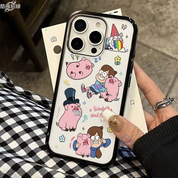 怪誕小鎮小粉豬 適用iPhone17手機殼 蘋果16promax 15 14 13 12 11 透明大孔黑邊防摔硬殼