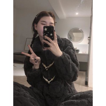 韓國簡約睡衣女慵懶加厚加絨長袖長褲純色毛絨秋冬情侶家居服套裝