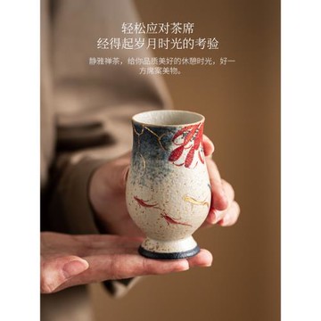 霜語手繪青花火石紅陶瓷茶杯聞香杯家用喝茶杯子品茗杯精致主人杯