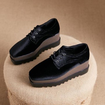 松糕鞋厚底秋冬金絲絨方頭英倫風系帶深口小個子高跟鞋女單鞋女小