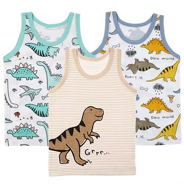 Maykids 男童背心組 100%棉 三件組  65號/建議年齡(5~6歲)/建議體重(17~25kg)  棕色條紋+綠色恐龍+彩色恐龍