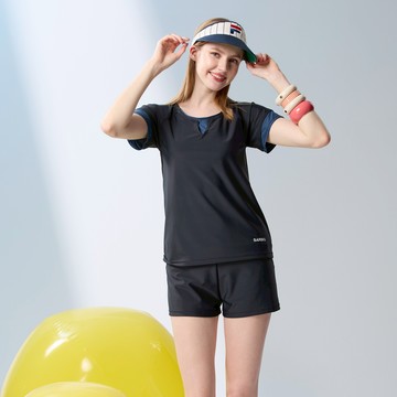 莫妮娜MIT 短袖二件式泳裝 黑色 加大尺寸-L