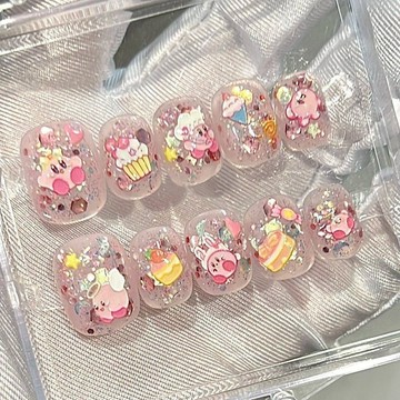 新品推薦 純手工穿戴甲亮片貼紙美甲爆閃穿戴甲短甲學生星之卡比短款可愛風