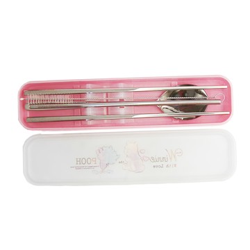 環保餐具吸管組 304不鏽鋼材質  湯匙 20.5 x 4cm + 筷子 23cm + 吸管 21.5cm + 清潔刷 + 餐盒 25 x 6 x 3cm  小熊維尼 粉色  1組