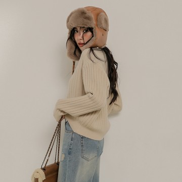 基礎圓領坑條毛衣-杏【KT224164】