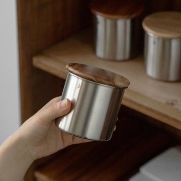 復古黑胡桃木蓋日式印花密封咖啡豆儲物罐不銹鋼雜糧罐茶葉收納盒