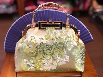 復古香檳金大牡丹年輕款織錦緞方鎖口金晚宴包斜挎包