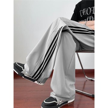 美式三條杠冰絲速干褲子男夏季高街直筒寬松長褲闊腿休閑運動褲男