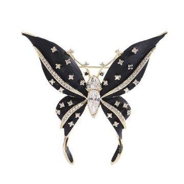 RJ New York 復古黑色琺琅彩蝴蝶閃亮鋯石胸針別針2用(黑色)