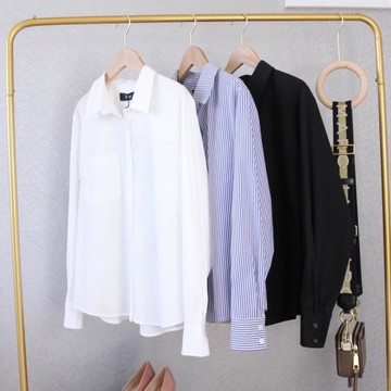 包郵女裝25春夏新款OL白色黑色藍條基礎款寬松襯衣領長袖打底襯衫