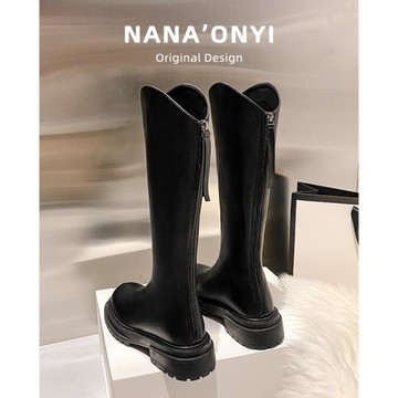 【立減30】v口長筒靴子女2024新款秋冬季厚底粗腿高筒騎士靴長靴