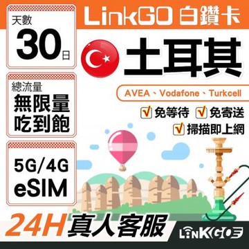 【LinkGO】白鑽卡 土耳其 eSIM卡 30天上網卡 無限量吃到飽 高速流量(土耳其網卡 伊斯坦堡 卡帕多奇亞)