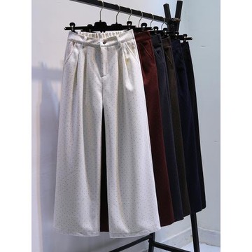 波點直筒毛呢褲子女2025春秋季新款高腰顯瘦松緊腰呢子山本闊腿褲