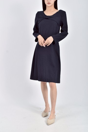(S) pablo質感羊毛長袖扭結藍色洋裝