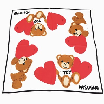 MOSCHINO 愛心泰迪熊白色純絲方巾/領巾