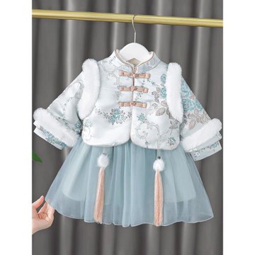 女童漢服加絨套裝洋氣嬰兒新年衣服兒童冬季唐裝一歲寶寶冬裝旗袍