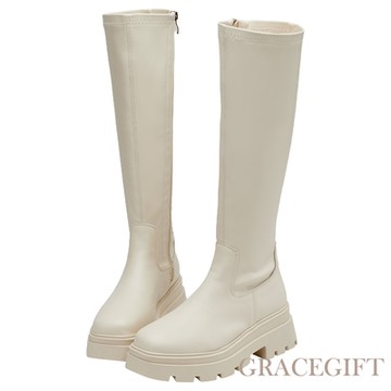 【Grace Gift】女團著用方頭鬆糕厚底瘦瘦長靴 米白