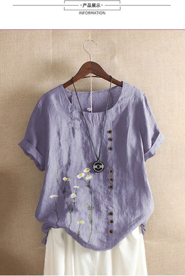 新款夏季亞馬遜速賣通wish爆款復古棉麻印花寬松顯瘦短襯衣女