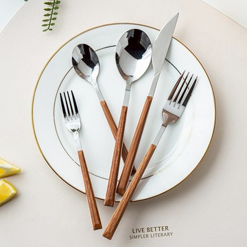 不銹鋼西餐牛排刀叉勺五件套裝北歐ins風仿木紋手柄復古家用餐具