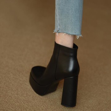 misili 真皮短靴女2024秋冬季新款超高跟防水臺單靴子厚底馬丁靴