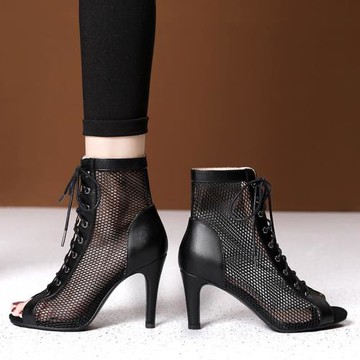 魚嘴細跟爵士舞蹈高跟涼鞋鏤空網紗涼靴女夏季短靴子大碼系帶網靴