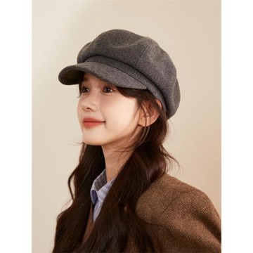秋冬大帽頂純色八角帽女高級感灰色厚款毛呢貝雷帽氣質復古報童帽