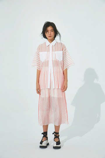 UUIN _ 橘白條細褶裙