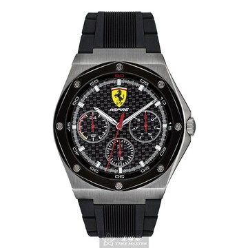 FERRARI手錶 FE00043 42mm 銀六角形精鋼錶殼，黑色三眼， 中三針顯示， 運動錶面，深黑色矽膠錶帶款_廠商直送