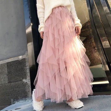 網紗裙蛋糕裙百褶半身裙長裙不規則仙女裙子時尚百搭中長款裙子春夏新款【聚寶屋】