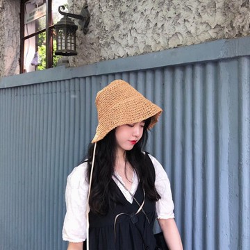 FINDSENSE X 海邊系帶網紅遮陽帽子女小清新蘿莉帽日系折疊編織草帽