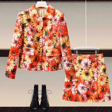 春秋新款提花棉翻領長袖珍珠扣短外套收腰半裙時尚印花復古套裝