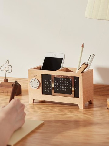 教師節定制個性印logo送老師木質萬年歷筆筒創意實木多功能木質辦公室用品 雙11全館免運