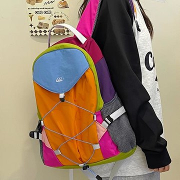 彩虹撞色背包戶外徒步雙肩包輕便防水旅行包騎行包大學生上課背包