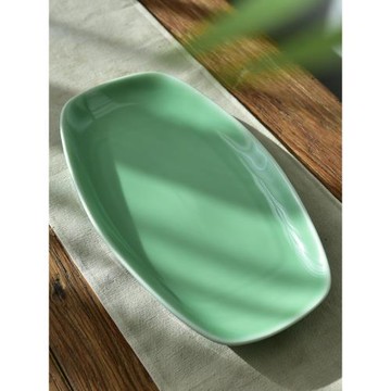 涵青堂 簡約素面中式橢圓形陶瓷魚盤龍泉青瓷酒店商用菜盤三文魚