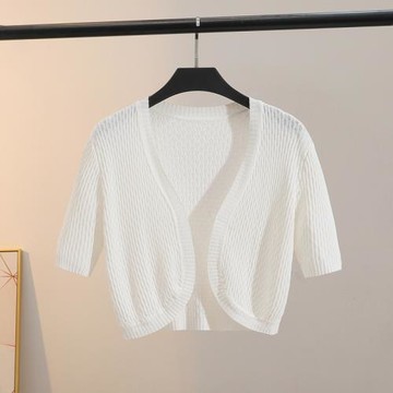 2025夏季冰絲短袖披肩搭裙子高腰外套時尚坎肩白色無扣高腰上衣薄